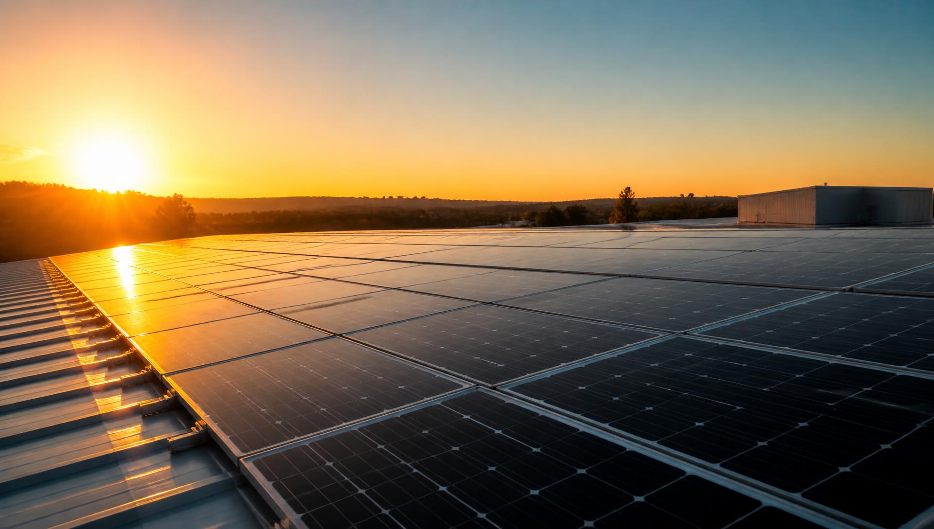 Usina de energia solar ao pôr do sol